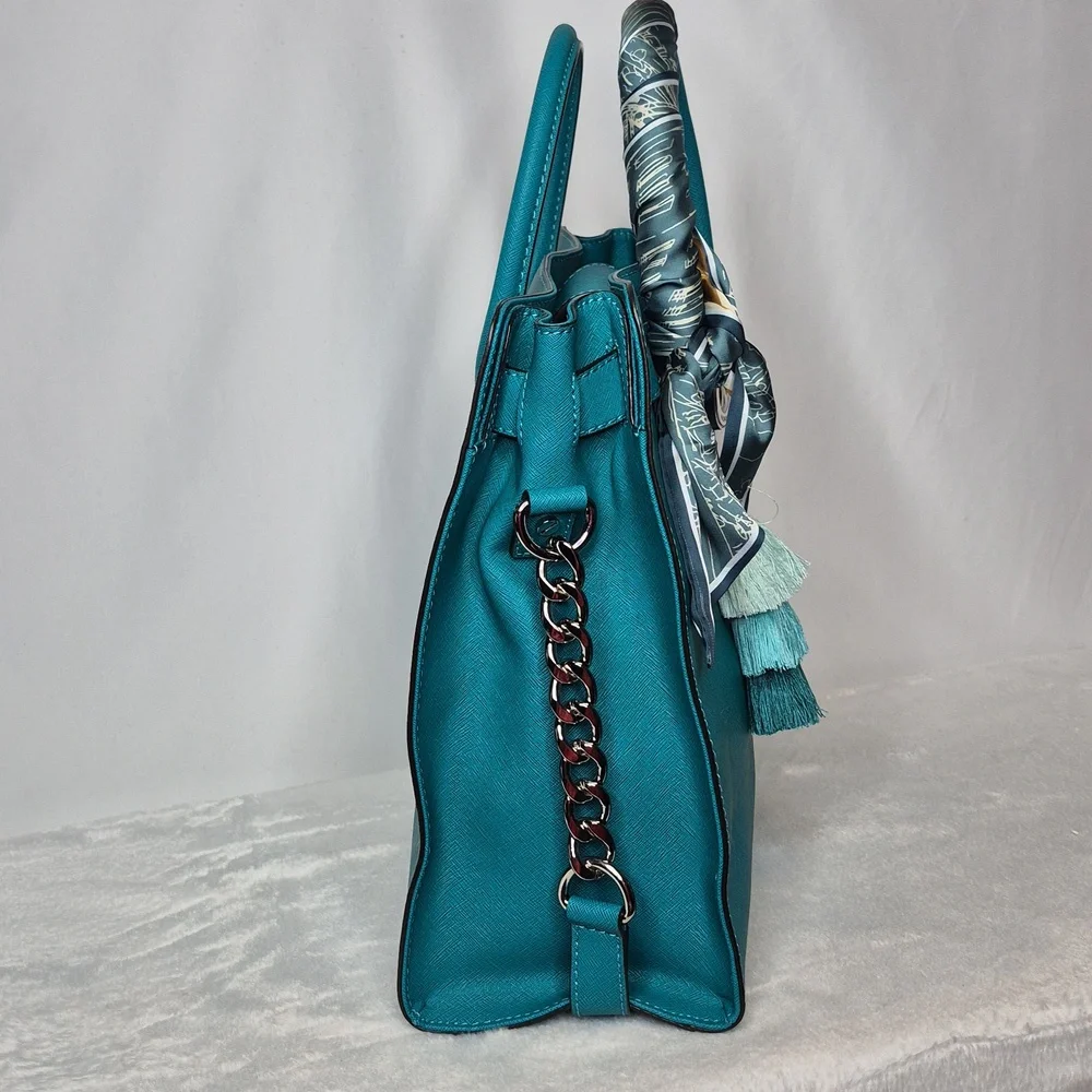 Michael Kors Hamilton Aqua/Turquoise Saffiano Satchel - Picture 7 of 17